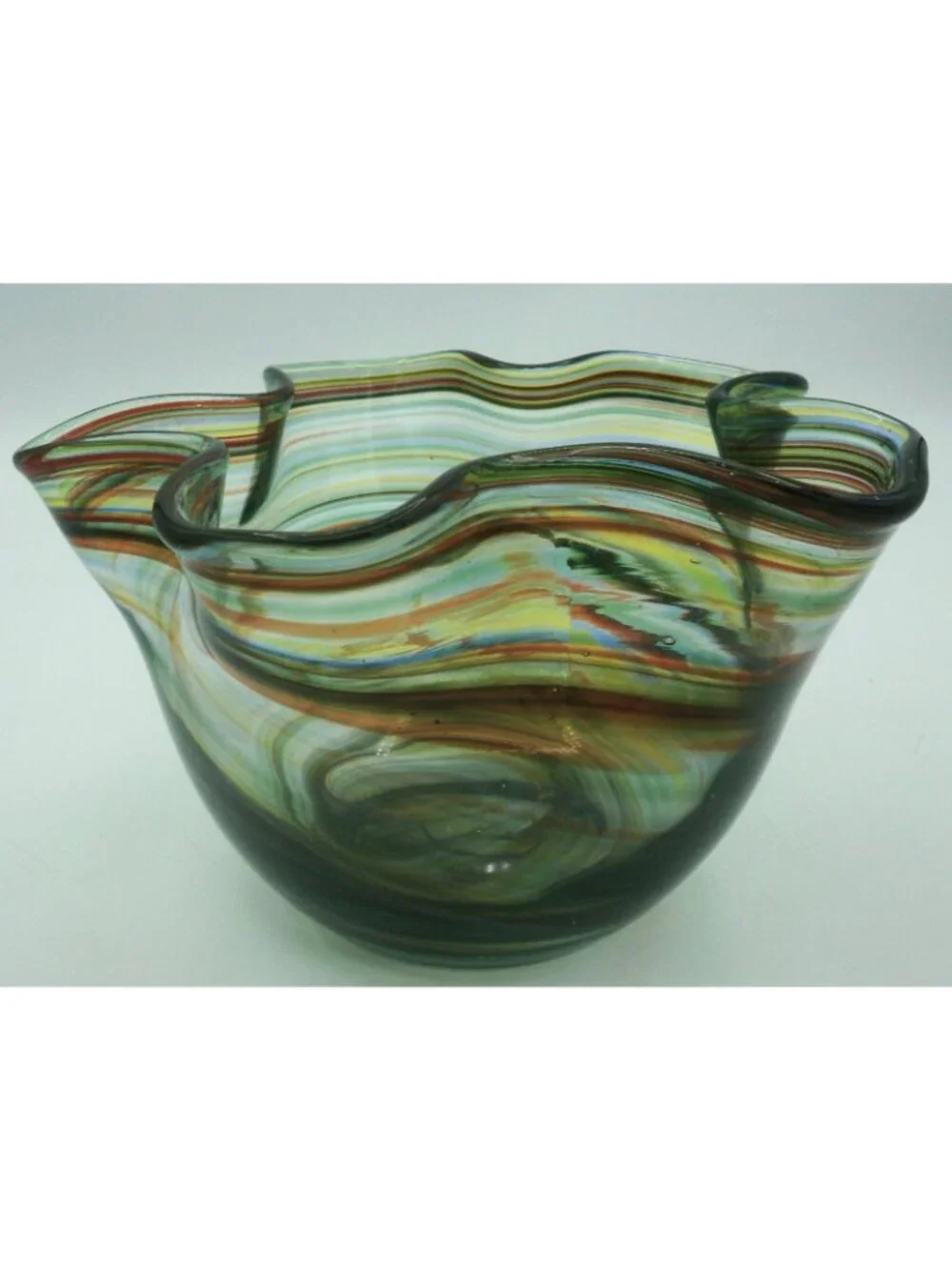 Hand Blown Art Glass Handkerchief Bowl Rainbow Swirl Ruffled  Edge Bowl